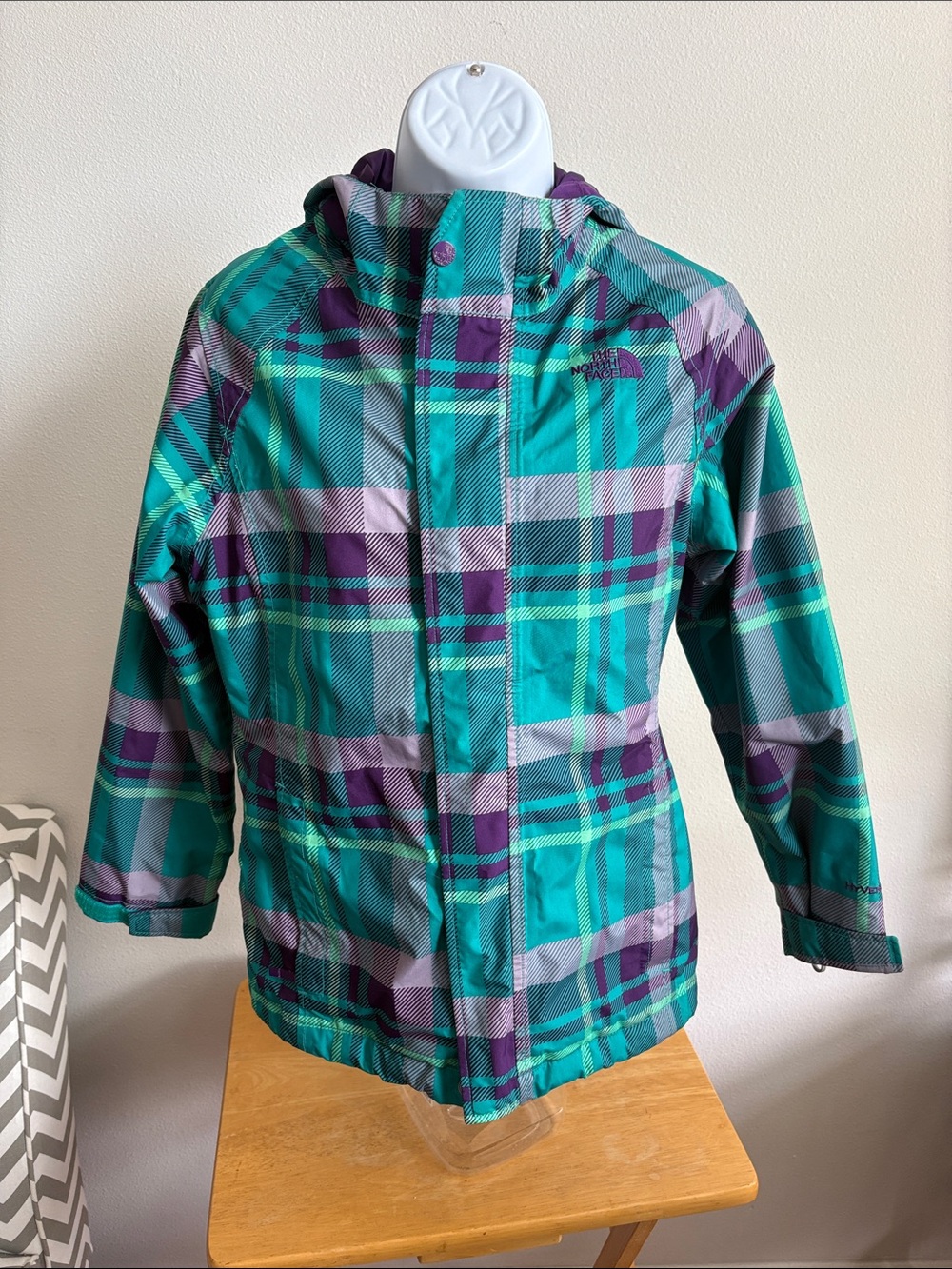 The North Face Girls' Teal, Purple & Gray Plaid Hooded Jacket Size Large